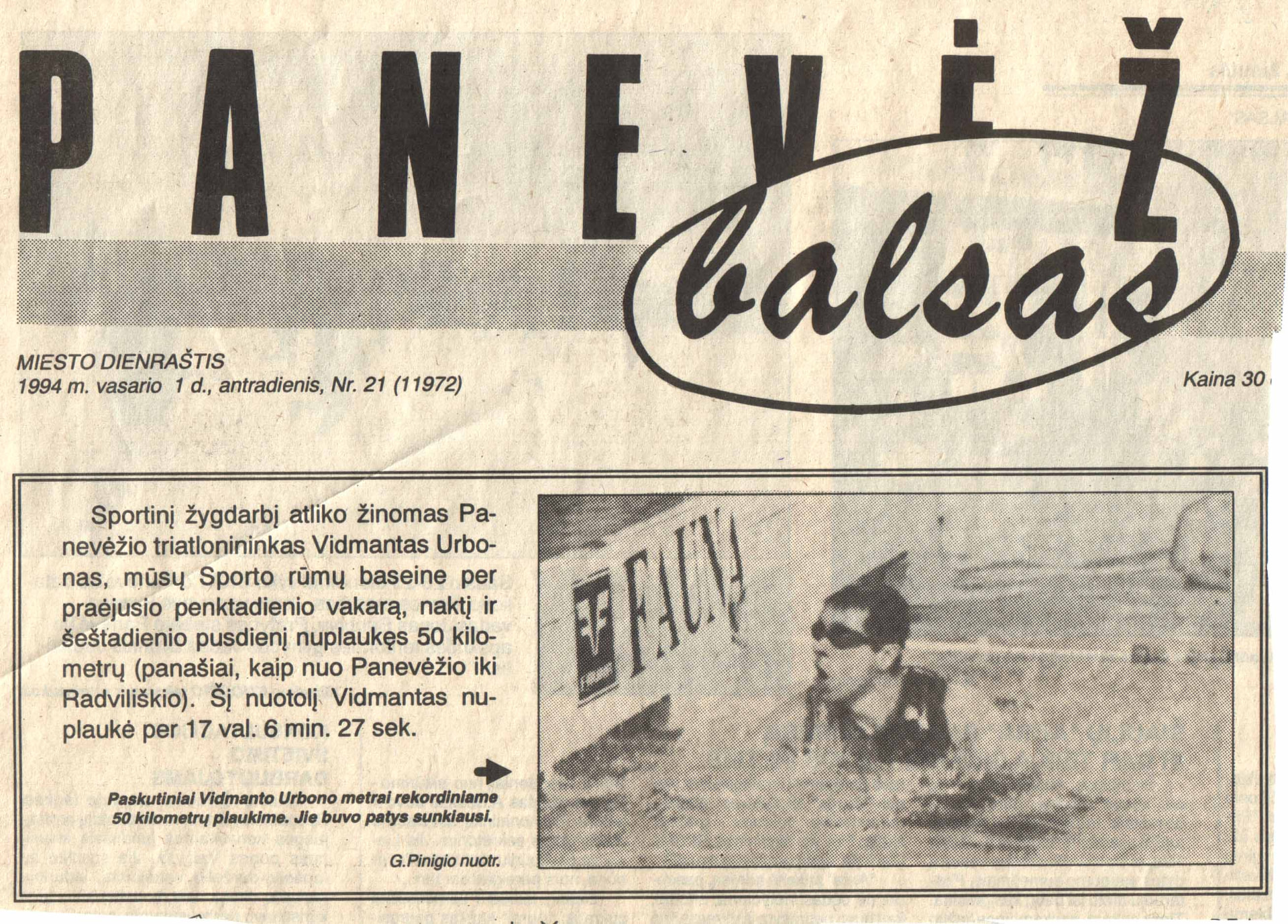 1994 m. „Panevėžio balso“ iškarpa apie 50 km plaukimą