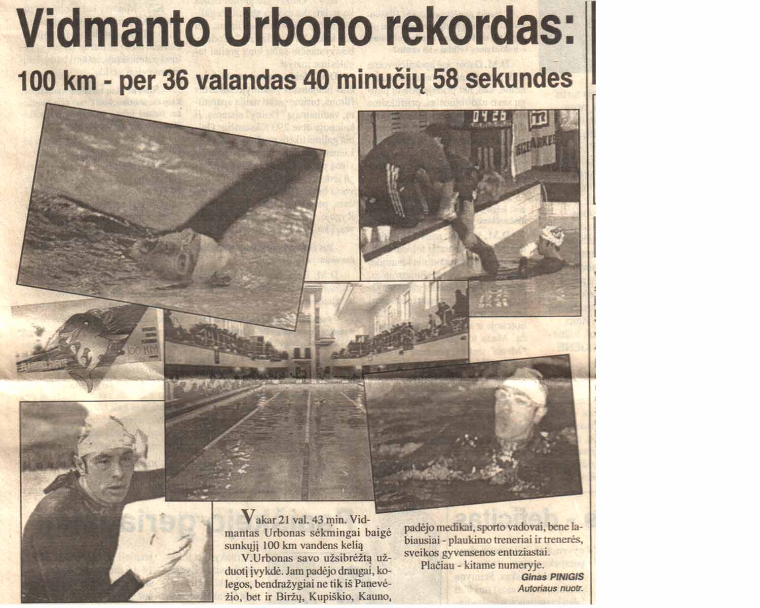 Iškarpa su 100 km rekordo antrašte ir plaukimo nuotraukomis